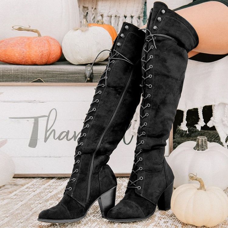 Chunky Heel Plain Side Zipper Western Naisten Saappaat