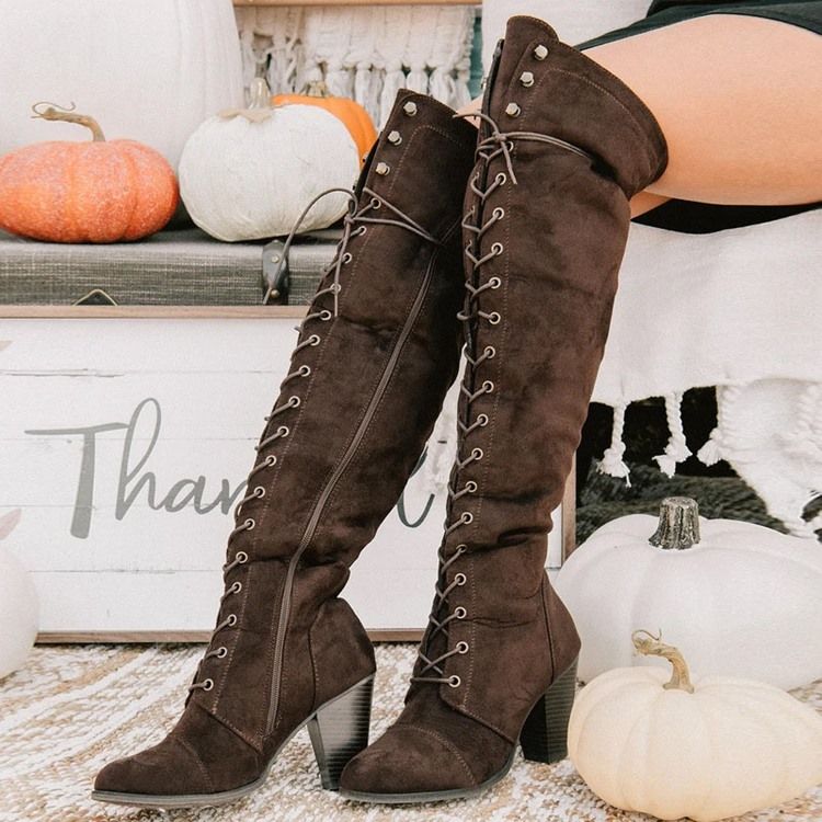 Chunky Heel Plain Side Zipper Western Naisten Saappaat