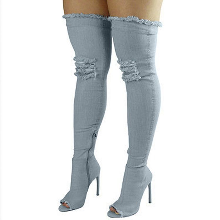Denim Side Zipper Peep Toe Naisten Polvisaappaat