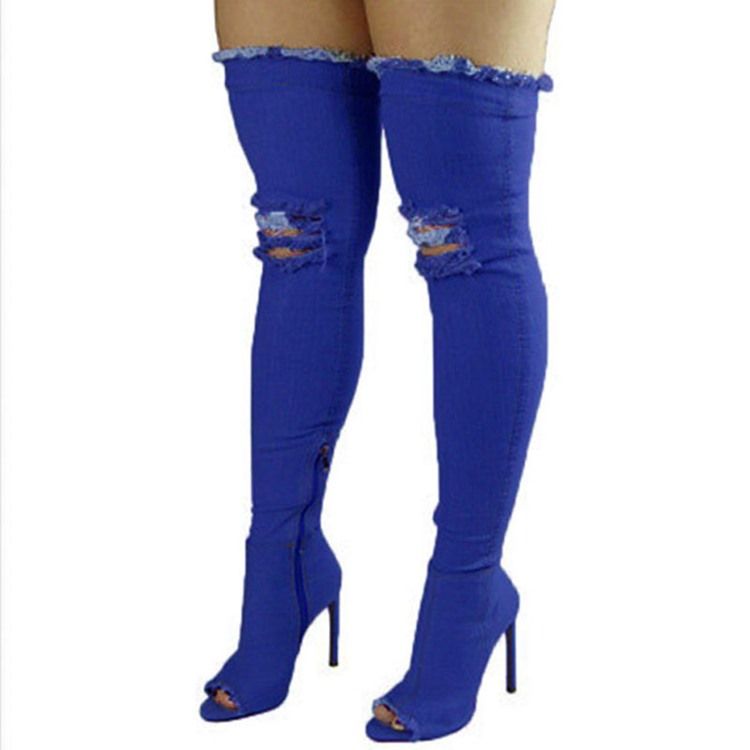 Denim Side Zipper Peep Toe Naisten Polvisaappaat
