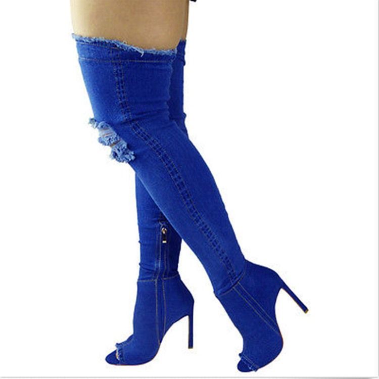 Denim Side Zipper Peep Toe Naisten Polvisaappaat