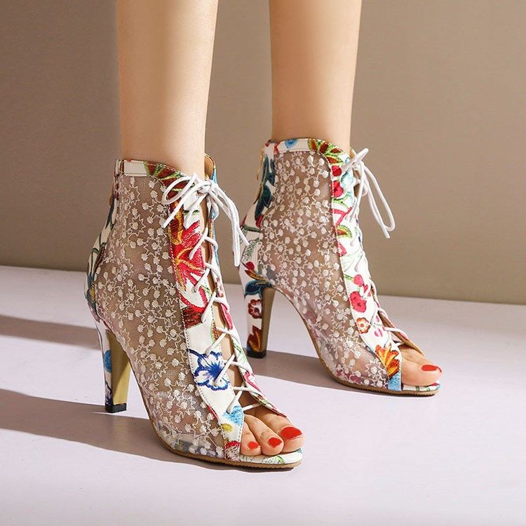 Naisten Peep Toe Back Zip Chunky Heel -kirjonnan Saappaat
