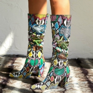 Naisten Side Zipper Chunky Heel Serpentine Polvisaappaat