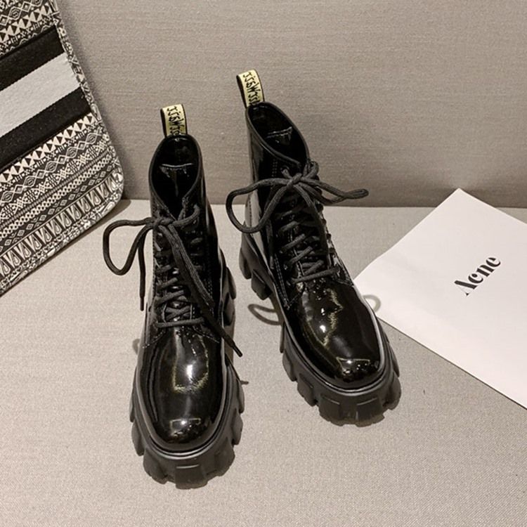 Pu Lace-up Front Round Toe Naisten Martin Saappaat