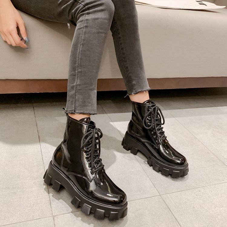 Pu Lace-up Front Round Toe Naisten Martin Saappaat
