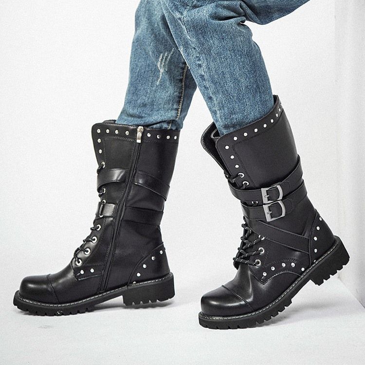 Rivet Round Toe Side Zipper -saappaat