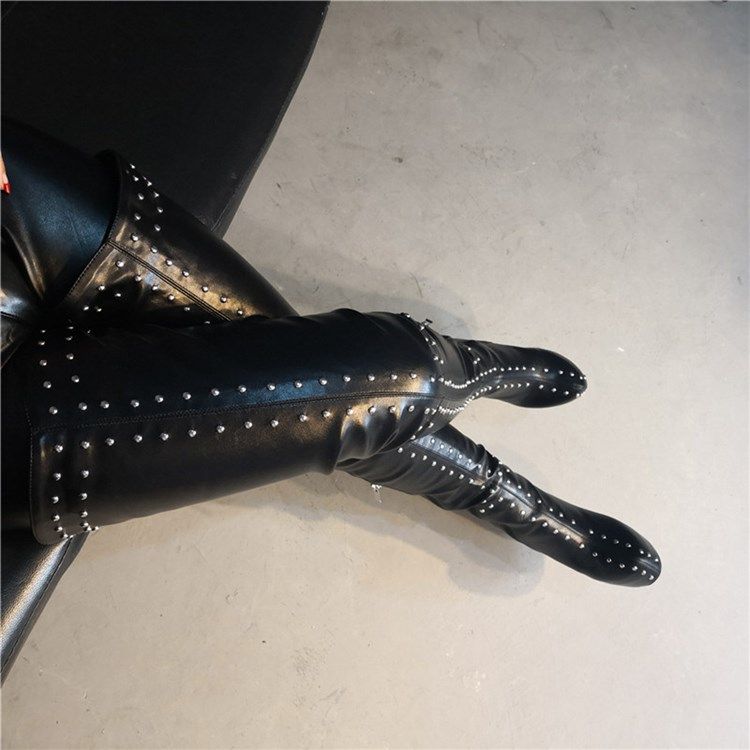 Rivet Side Zipper Round Toe Naisten Polvisaappaat