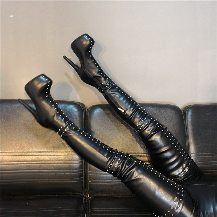 Rivet Side Zipper Round Toe Naisten Polvisaappaat