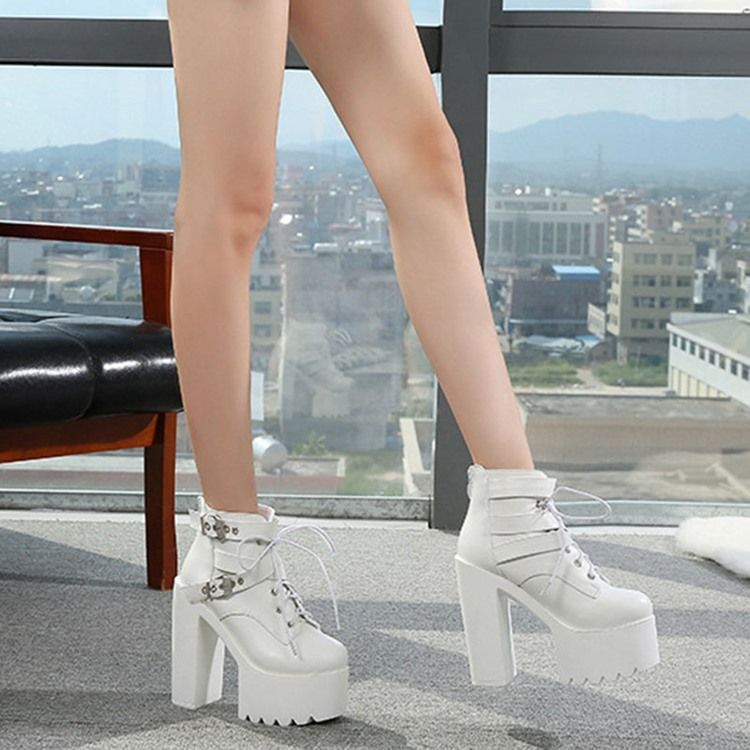 Selkävetoketjullinen Pyöreä Varvas Platform Chunky Heel Cross Strap Naisten Saappaat