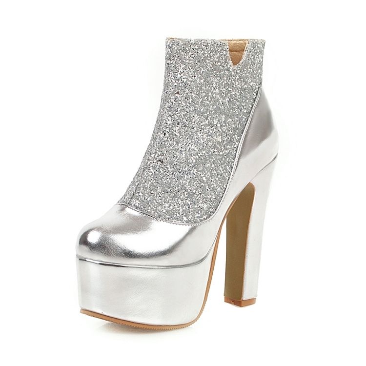 Sequin Chunky Heel Patchwork Side Zipper Naisten Seksikkäät Saappaat