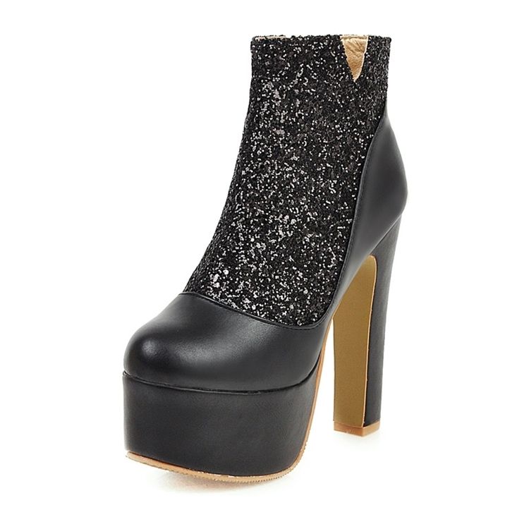 Sequin Chunky Heel Patchwork Side Zipper Naisten Seksikkäät Saappaat