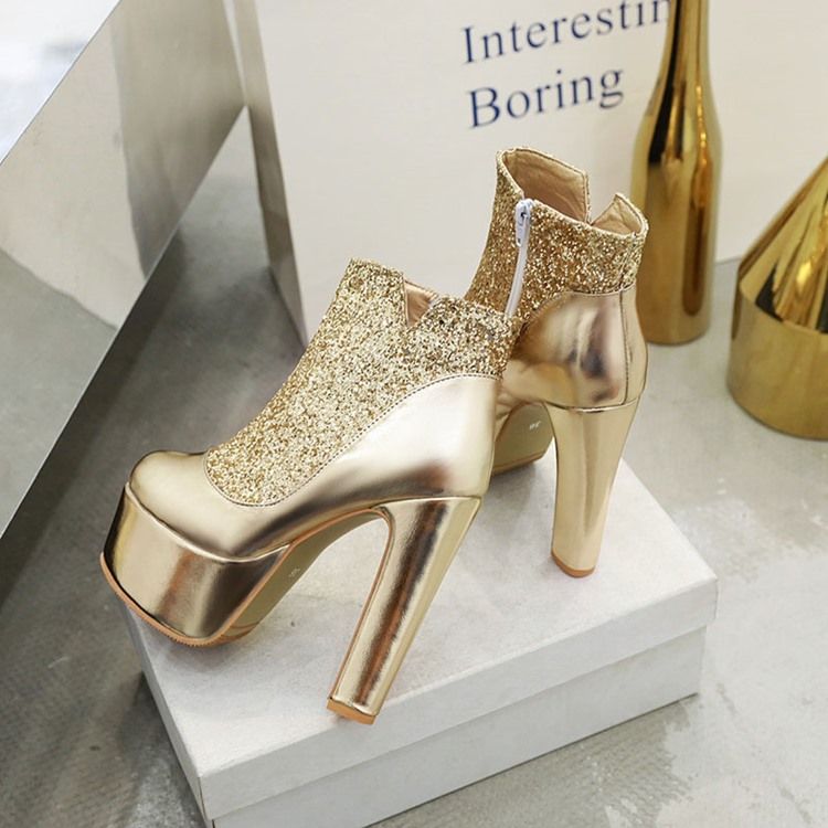 Sequin Chunky Heel Patchwork Side Zipper Naisten Seksikkäät Saappaat