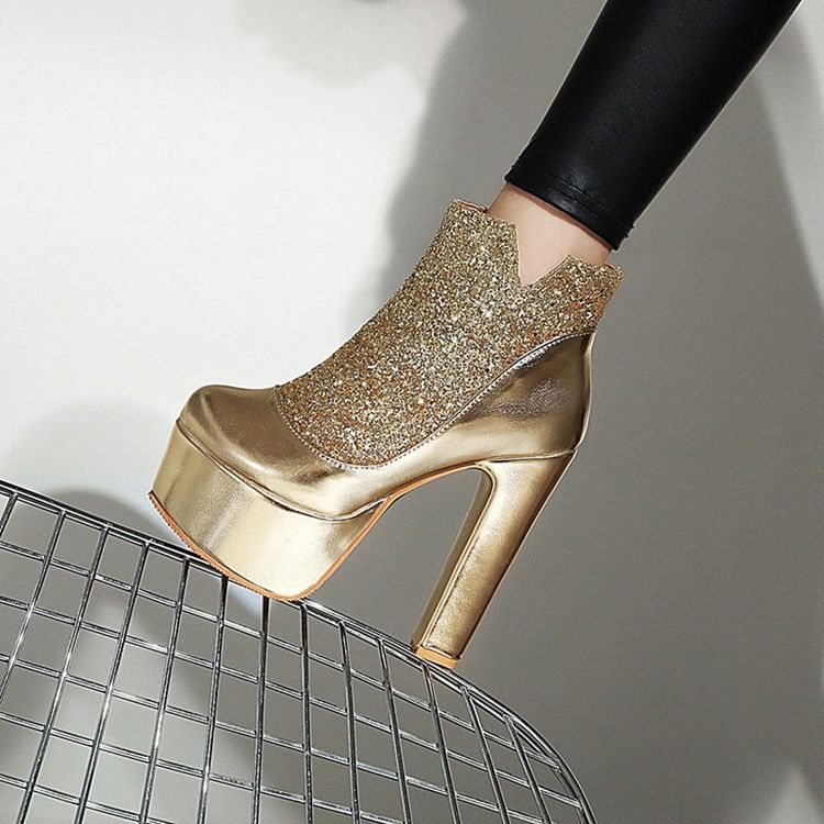 Sequin Chunky Heel Patchwork Side Zipper Naisten Seksikkäät Saappaat