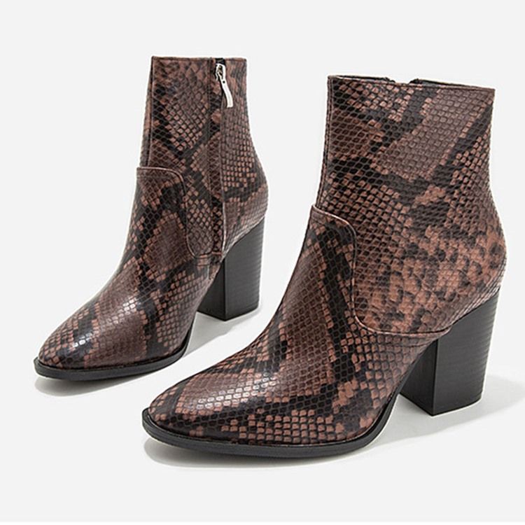 Serpentiini Chunky Heel Teräväkärkiset Vetoketju Naisten Saappaat