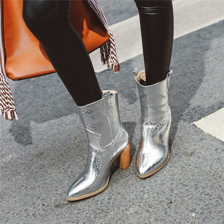 Teräväkärkiset Slip-on Chunky Heel Thread Naisten Saappaat
