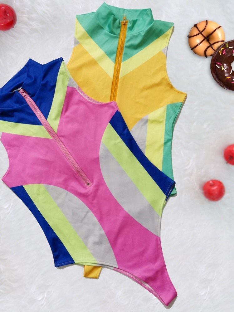 Naisten Color Block Vetoketjulliset Uimapuvut
