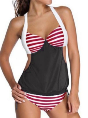 Naisten Patchwork Stripe Hollow Tankini Set -uimapuvut