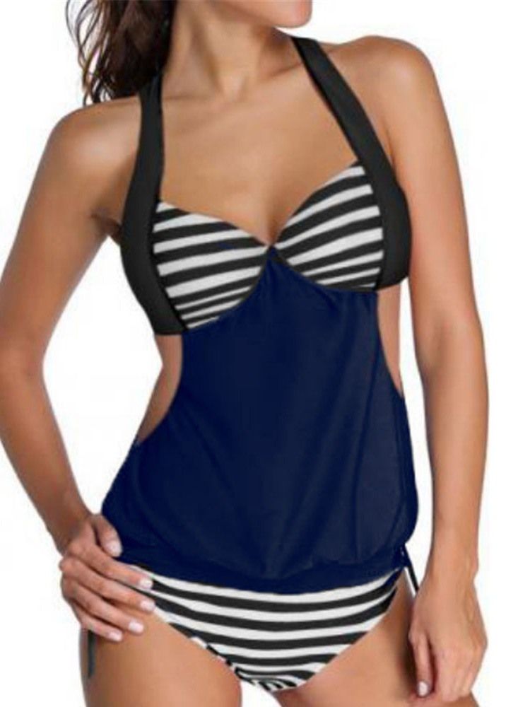 Naisten Patchwork Stripe Hollow Tankini Set -uimapuvut