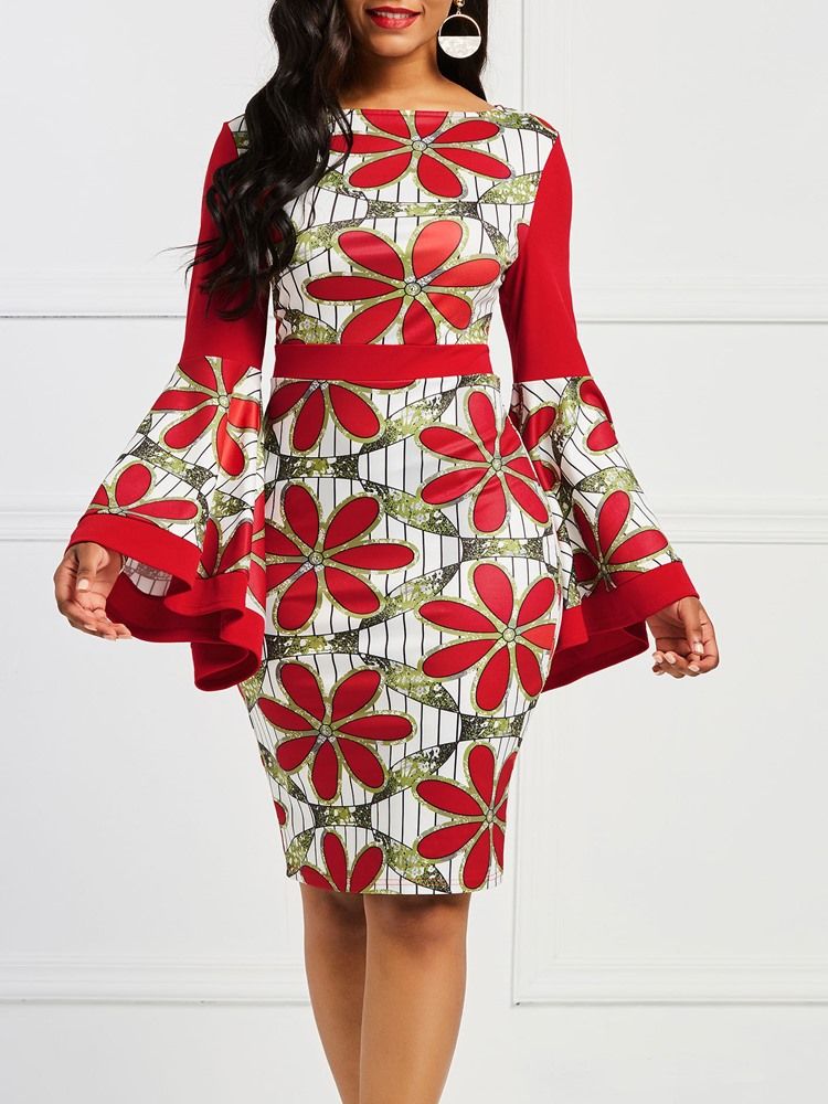 Naisten Afrikkalaisen Muodin Kukkainen Väriltään Leimahihainen Bodycon-mekko