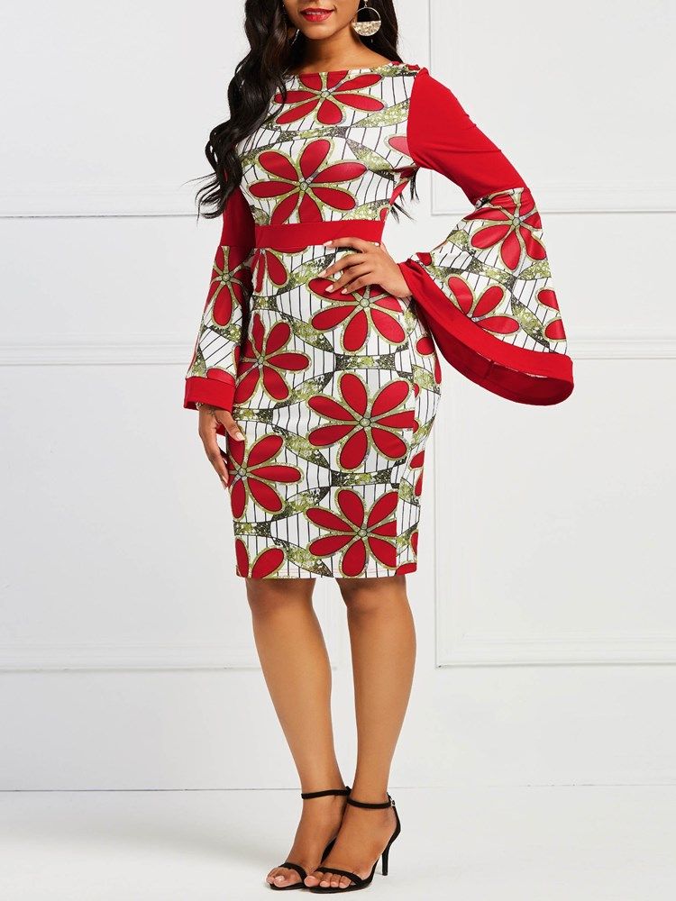 Naisten Afrikkalaisen Muodin Kukkainen Väriltään Leimahihainen Bodycon-mekko