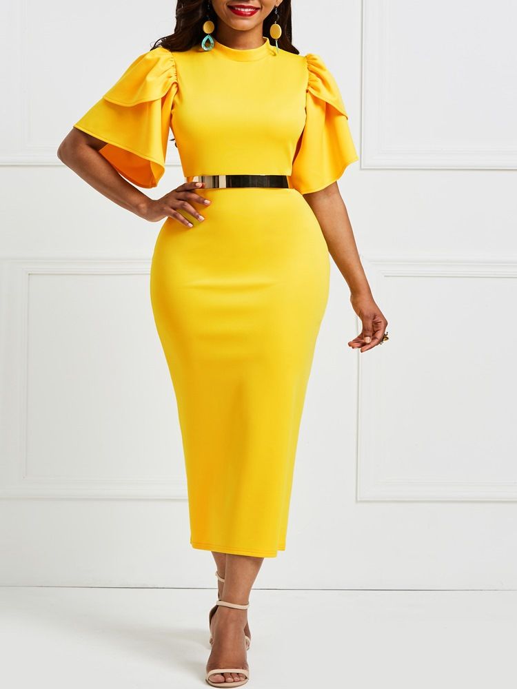 Naisten Keltainen Röyhelöpaita Patchwork Bodycon -mekko (ilman Vyötärönauhaa)