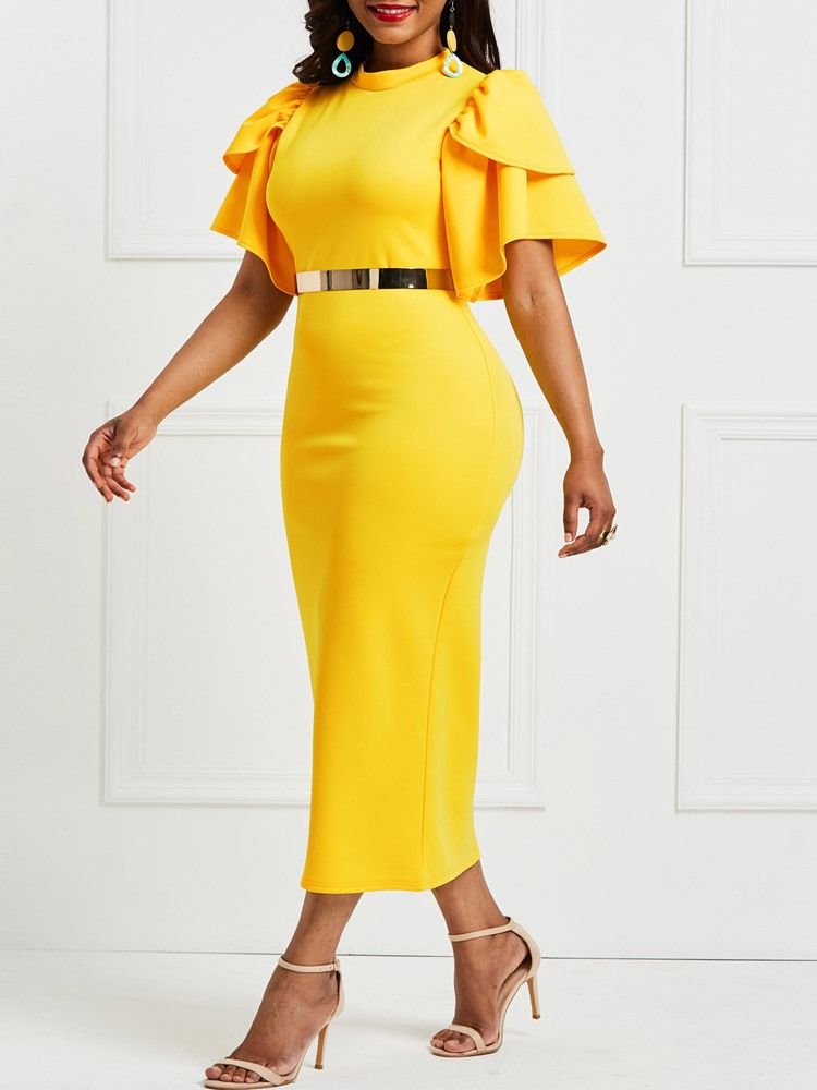 Naisten Keltainen Röyhelöpaita Patchwork Bodycon -mekko (ilman Vyötärönauhaa)