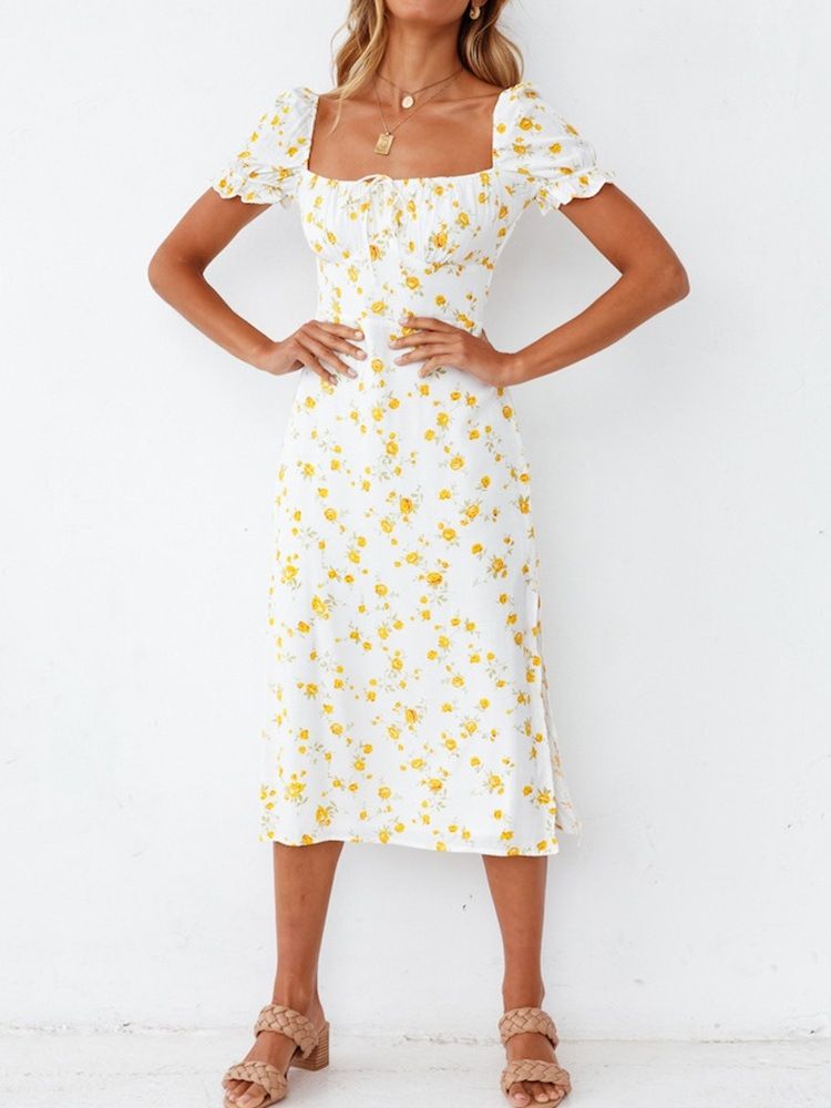 Naisten Painettu Neliönmallinen Lyhythihainen Kukka-villapaita Bodycon-mekko