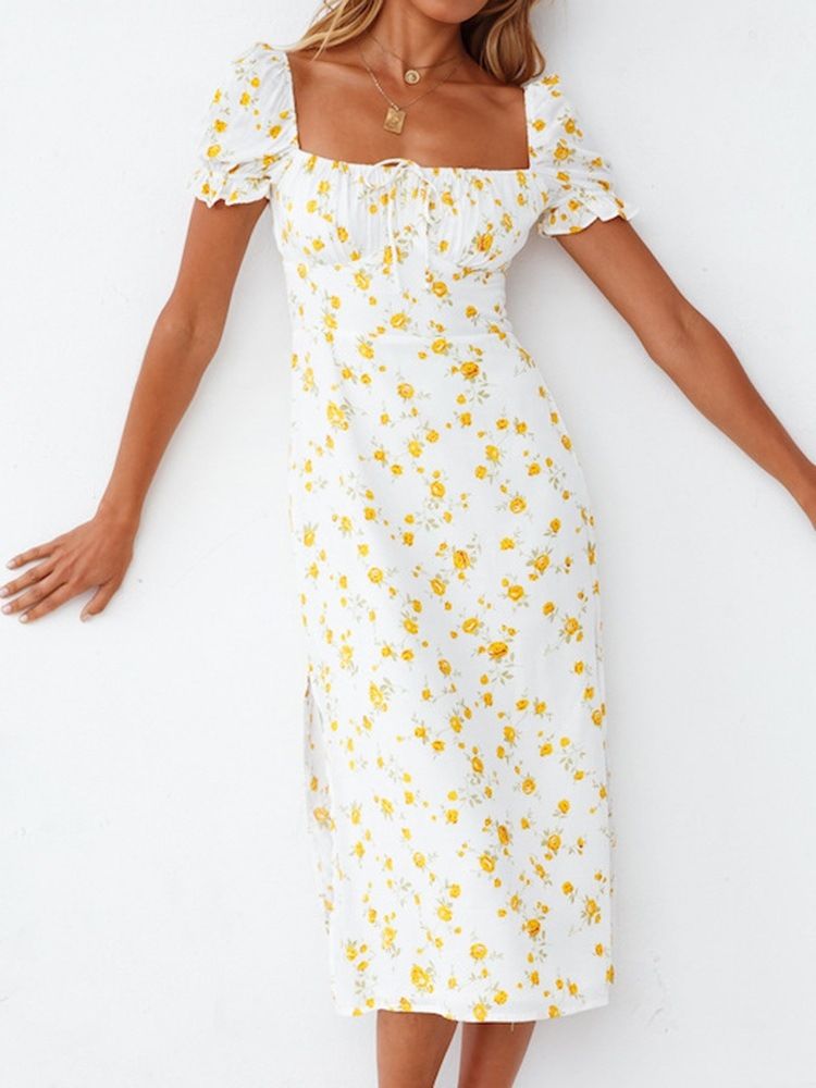 Naisten Painettu Neliönmallinen Lyhythihainen Kukka-villapaita Bodycon-mekko