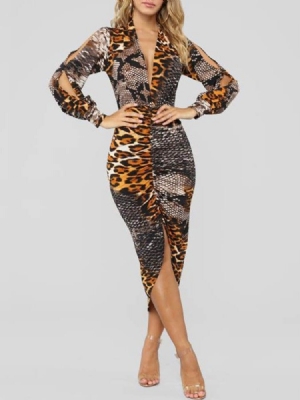 Naisten Pitkähihainen V-aukkoinen Bodycon-leopardimekko