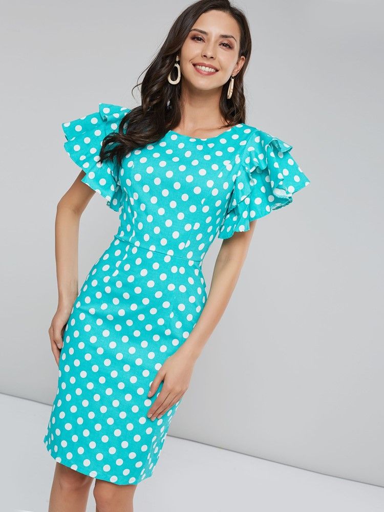 Naisten Polka-pisteillä Terälehtihihainen Polvipituinen Bodycon-mekko