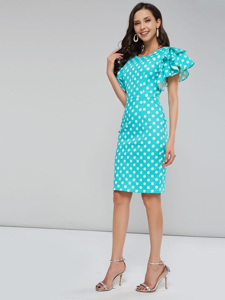 Naisten Polka-pisteillä Terälehtihihainen Polvipituinen Bodycon-mekko
