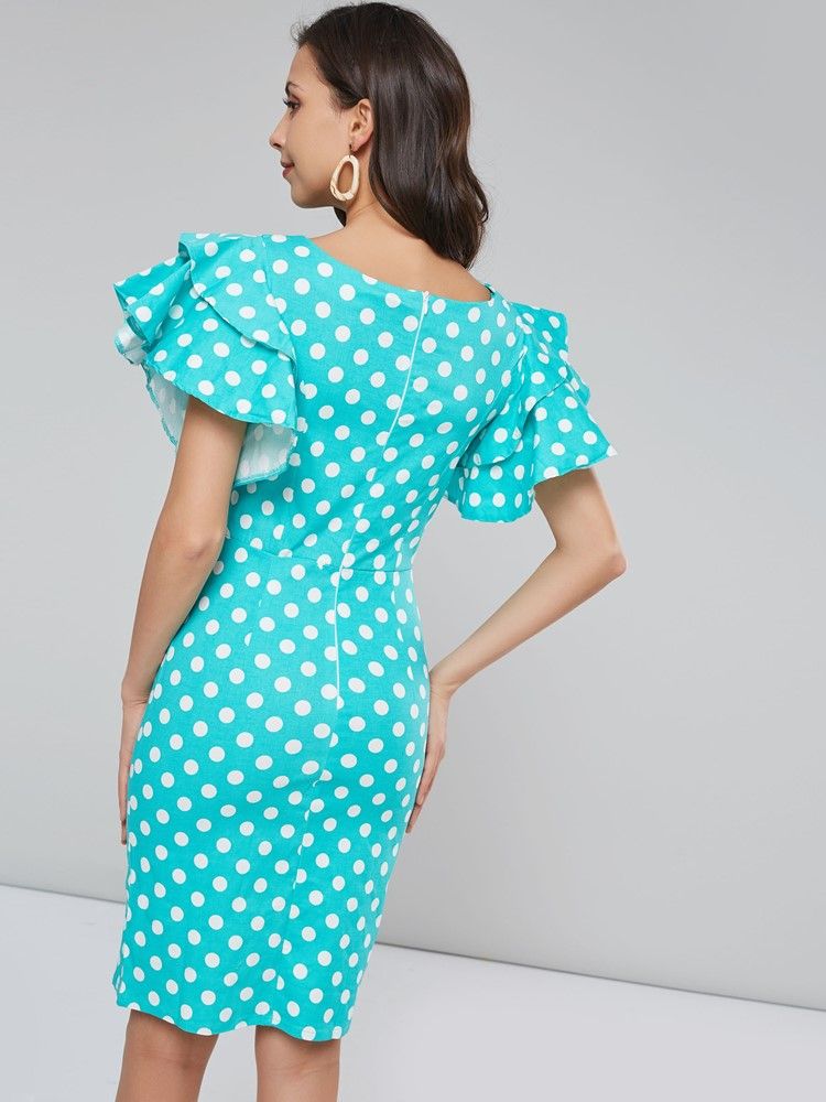 Naisten Polka-pisteillä Terälehtihihainen Polvipituinen Bodycon-mekko