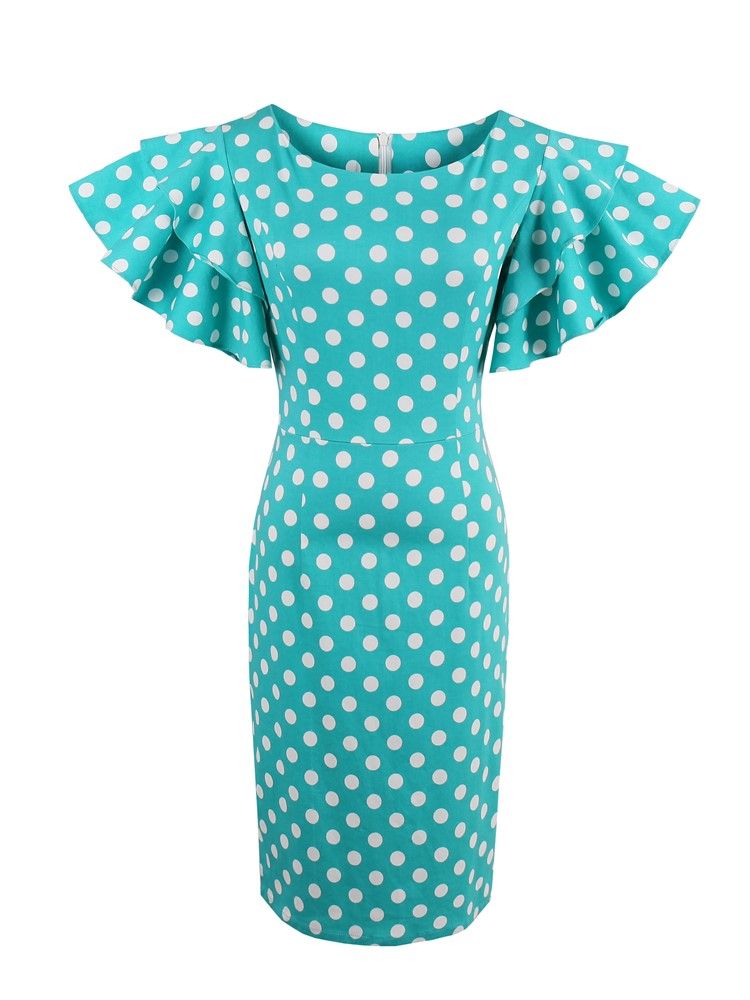 Naisten Polka-pisteillä Terälehtihihainen Polvipituinen Bodycon-mekko