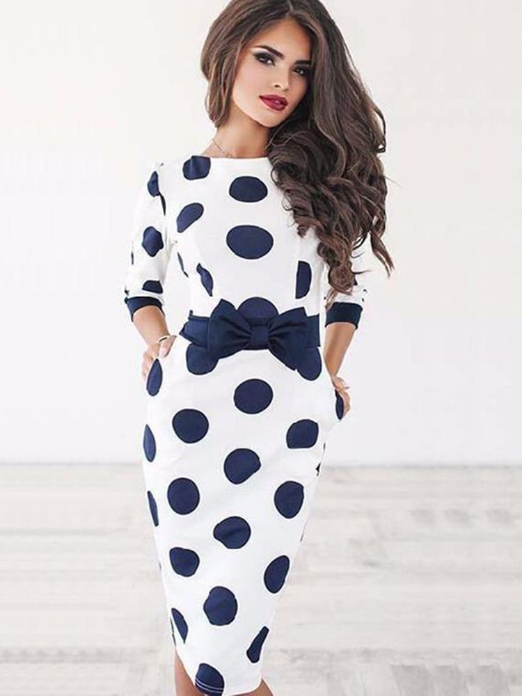 Naisten Polvipituinen Rusetti Polka Dot Bodycon -mekko