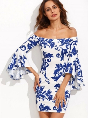 Naisten Slash-kaula-aukkoinen Kukkapainettu Kellohihainen Bodycon-mekko