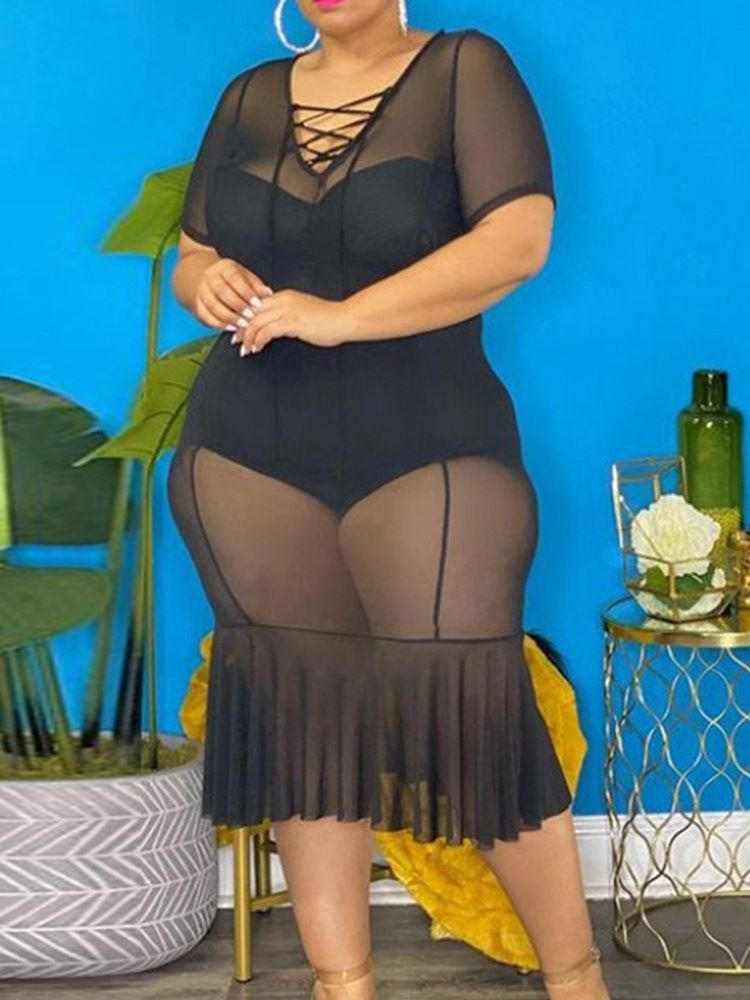 Naisten V-kaula-aukkoinen Läpikuultava Pusero Bodycon-mekko Ylimääräinen Koko