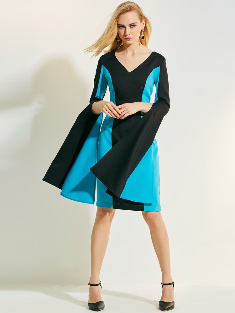 Naisten V-kaula-aukon Väriltään Leimahihaiset Bodycon-mekko