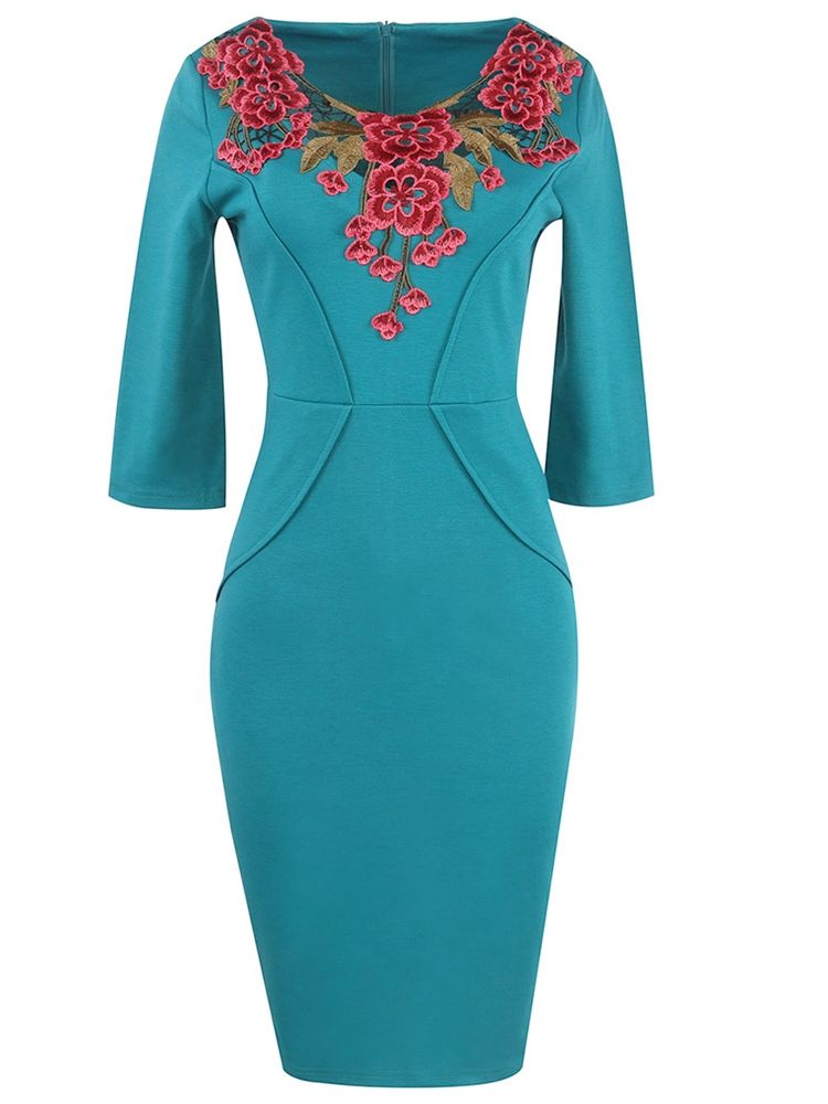 Naisten Yläkukkukirjonta Yksivärinen 3 4 Hihat Bodycon-mekko