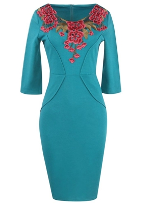 Naisten Yläkukkukirjonta Yksivärinen 3 4 Hihat Bodycon-mekko