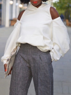 Pocket Plain Standard Short Sleeve Off Shoulder Naisten Huppari