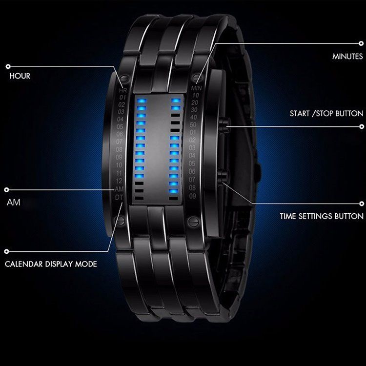 Wolfram Steel Binary Led-miesten Kello