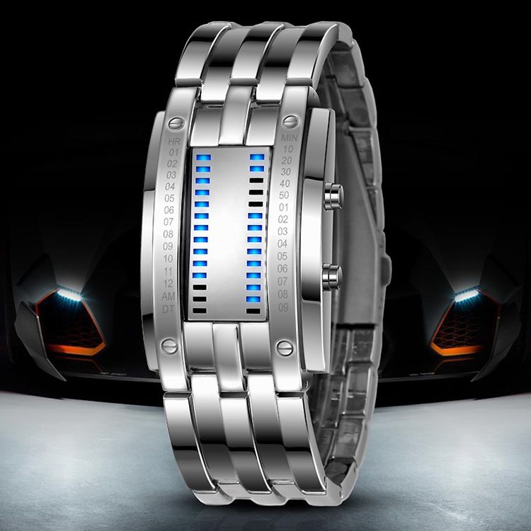 Wolfram Steel Binary Led-miesten Kello