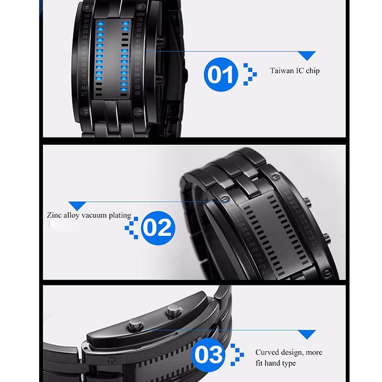 Wolfram Steel Binary Led-miesten Kello