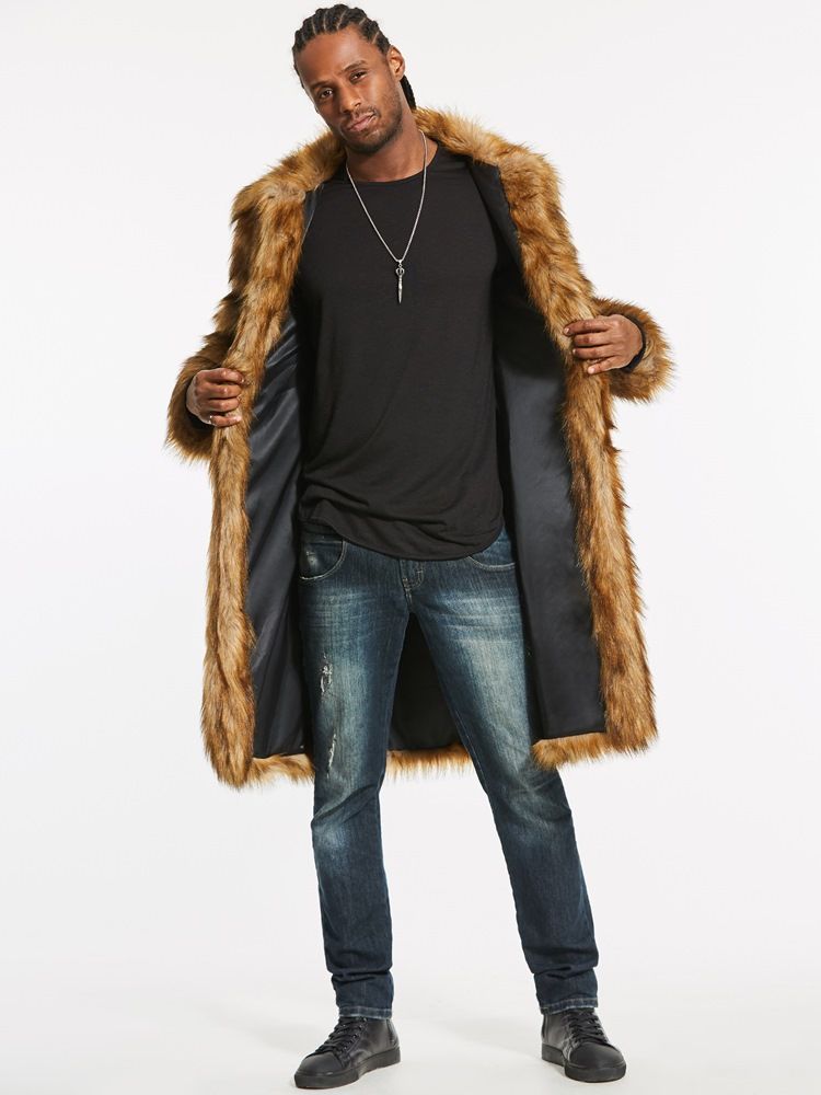 Faux Fur Lapel Long Vogue Pieni Miesten Talvitakki