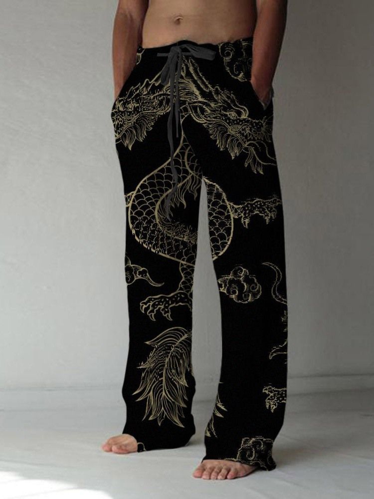 Dragon Print -suorat Nauhalliset Miesten Rento Housut
