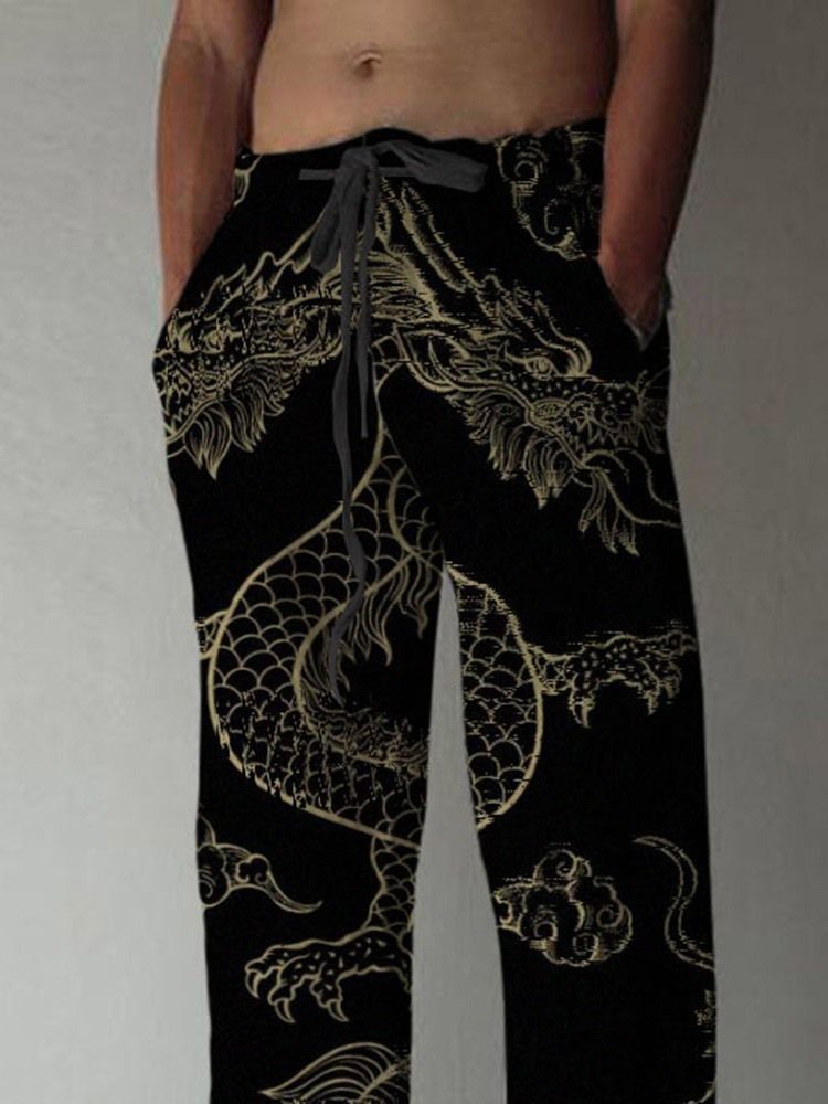 Dragon Print -suorat Nauhalliset Miesten Rento Housut