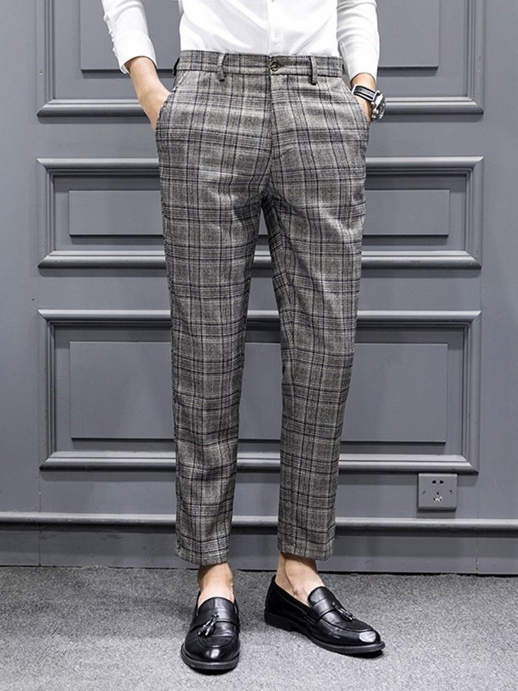 Kynähousut Plaid Print Fall Korean Casual Miesten Housut