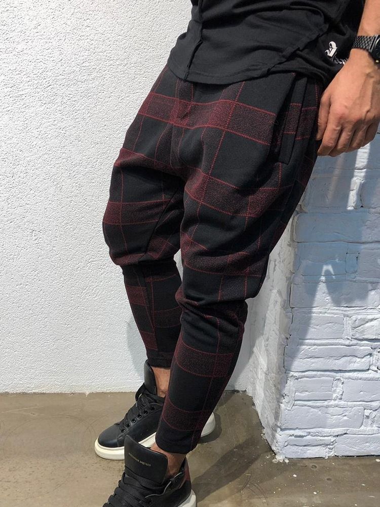 Pencil Plaid Print Mid Waist Style Miesten Rento Housut