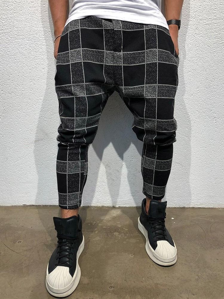 Pencil Plaid Print Mid Waist Style Miesten Rento Housut