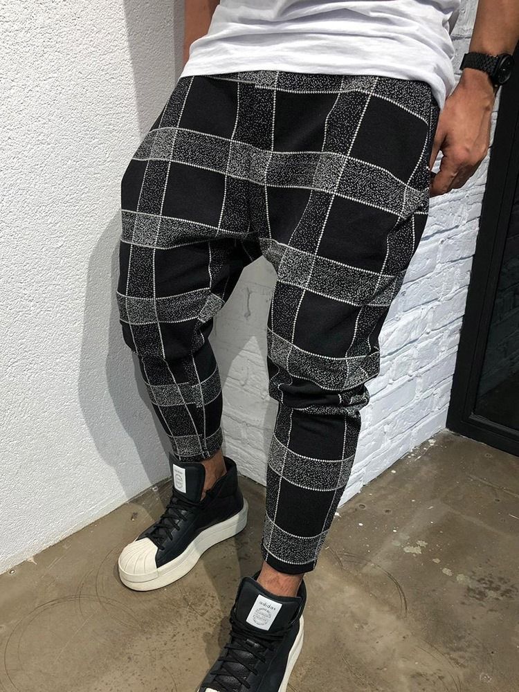 Pencil Plaid Print Mid Waist Style Miesten Rento Housut
